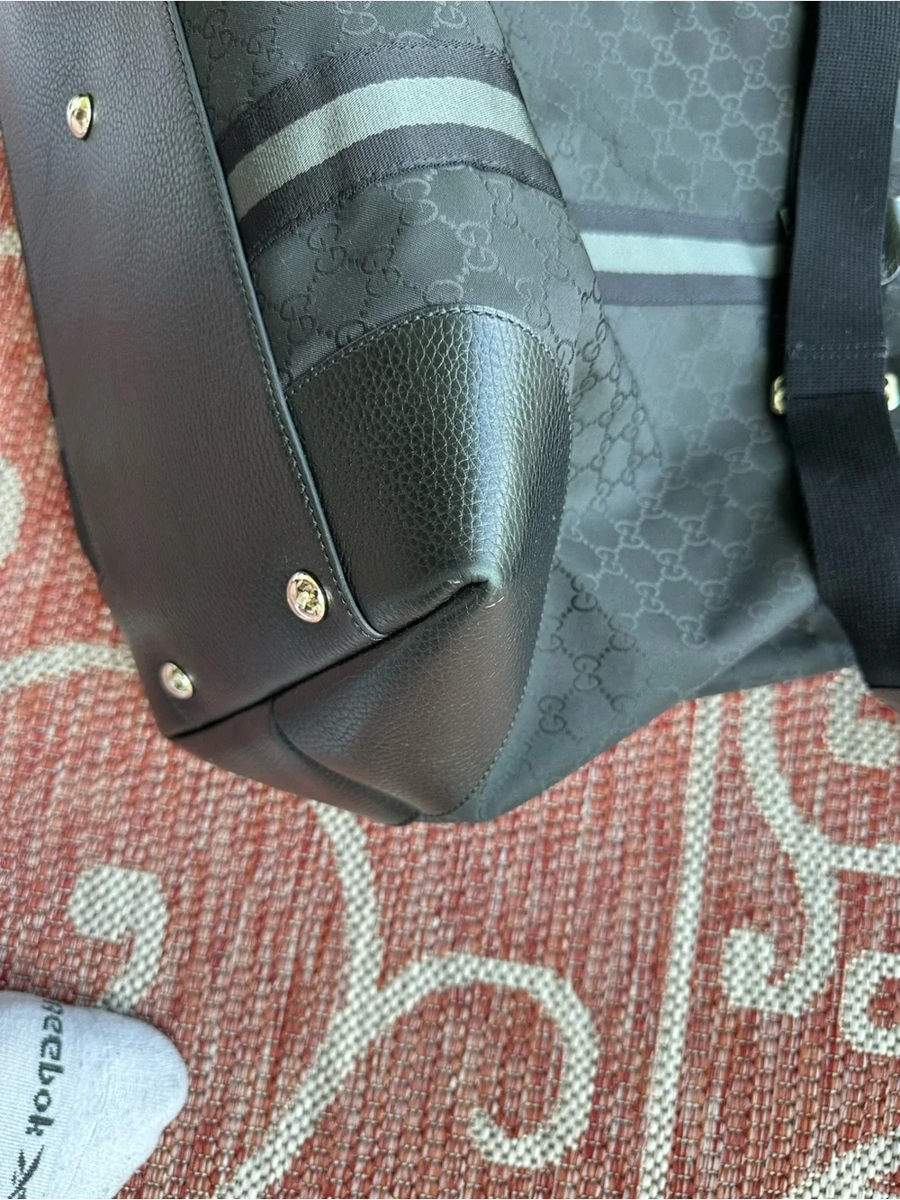 Gucci GG Nylon Duffle Bag Black Leather Trim Travel Weekender Shoulder Bag